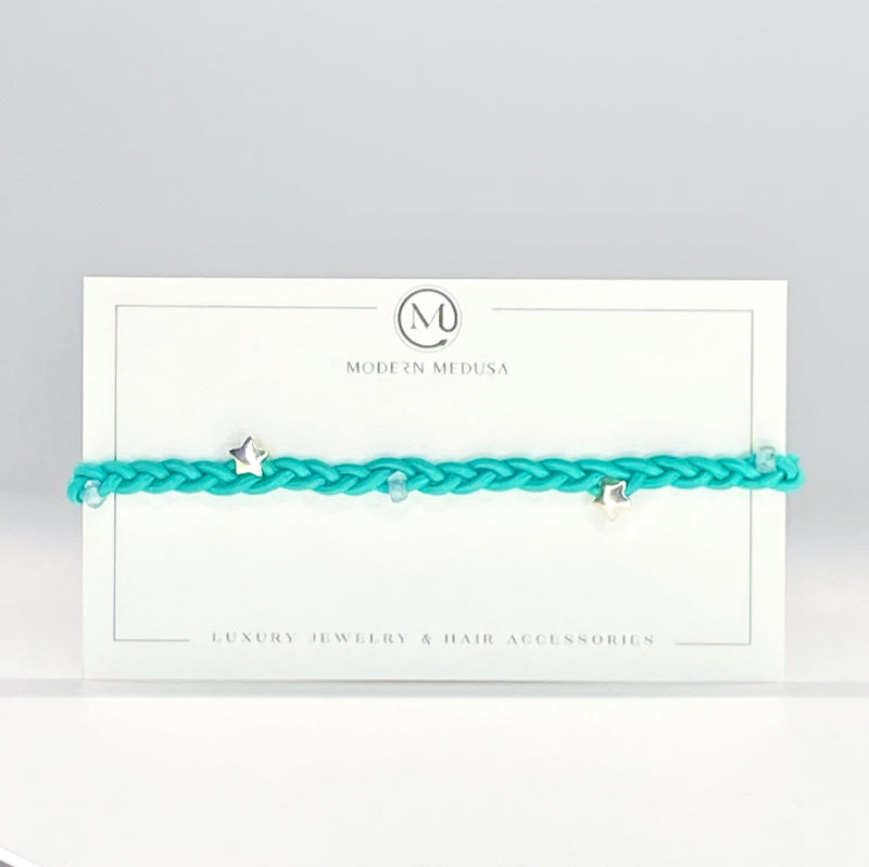 Shooting Stars - Sterling Silver Stars & Aquamarine Braided Bracelet